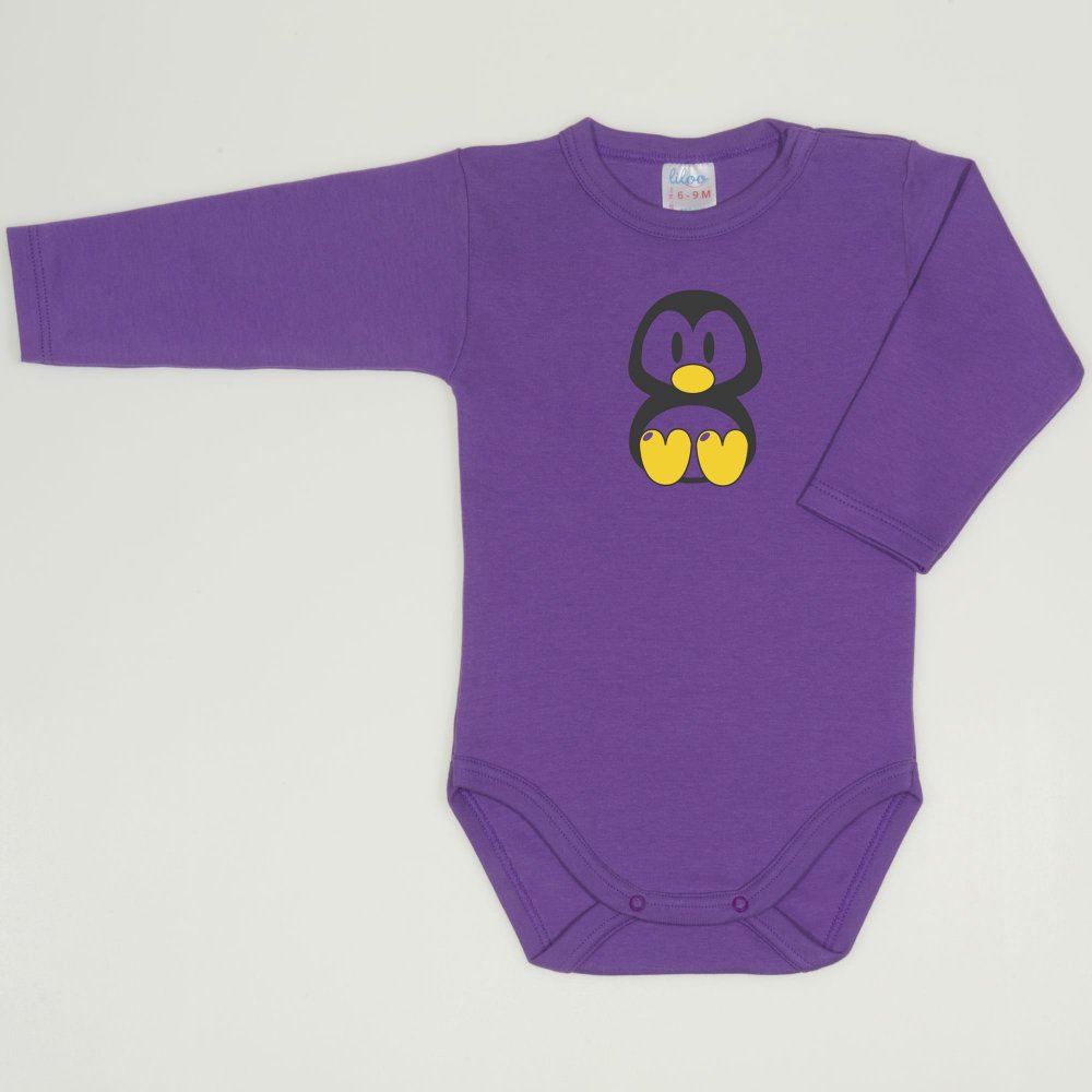 Purple deep lavender long-sleeve bodysuit with Tux penguin print | liloo