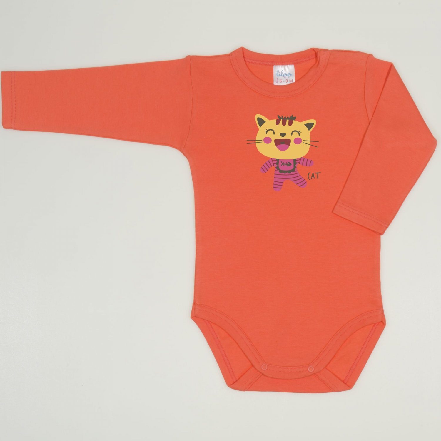 candidate Take-up Matron Salmon living coral long-sleeve bodysuit with cool cat print at 18.95Lei |  liloo