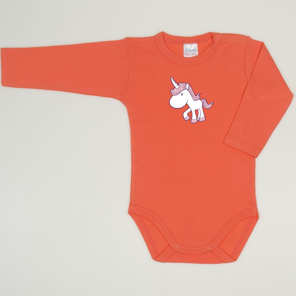 Salmon living coral long-sleeve bodysuit with unicorn print | liloo