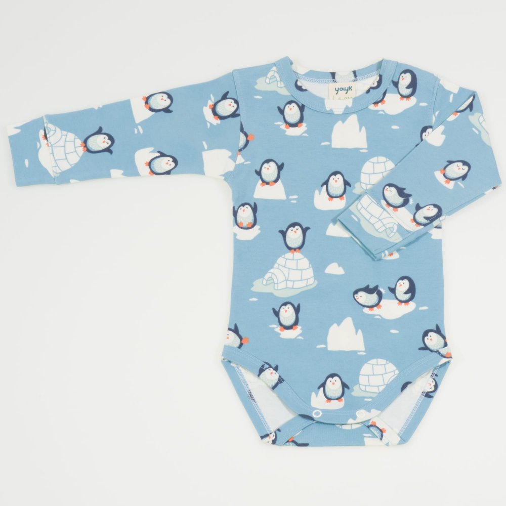 Aqua long-sleeve bodysuit - organic cotton with penguins print | liloo