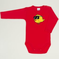 Red tomato long-sleeve bodysuit with chicken with glasses print 