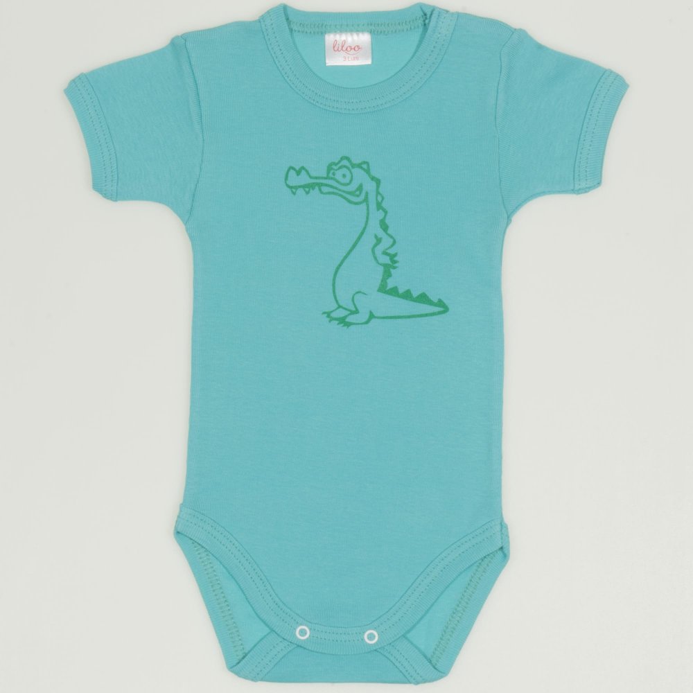 Aqua short-sleeve bodysuit with alligator print| liloo