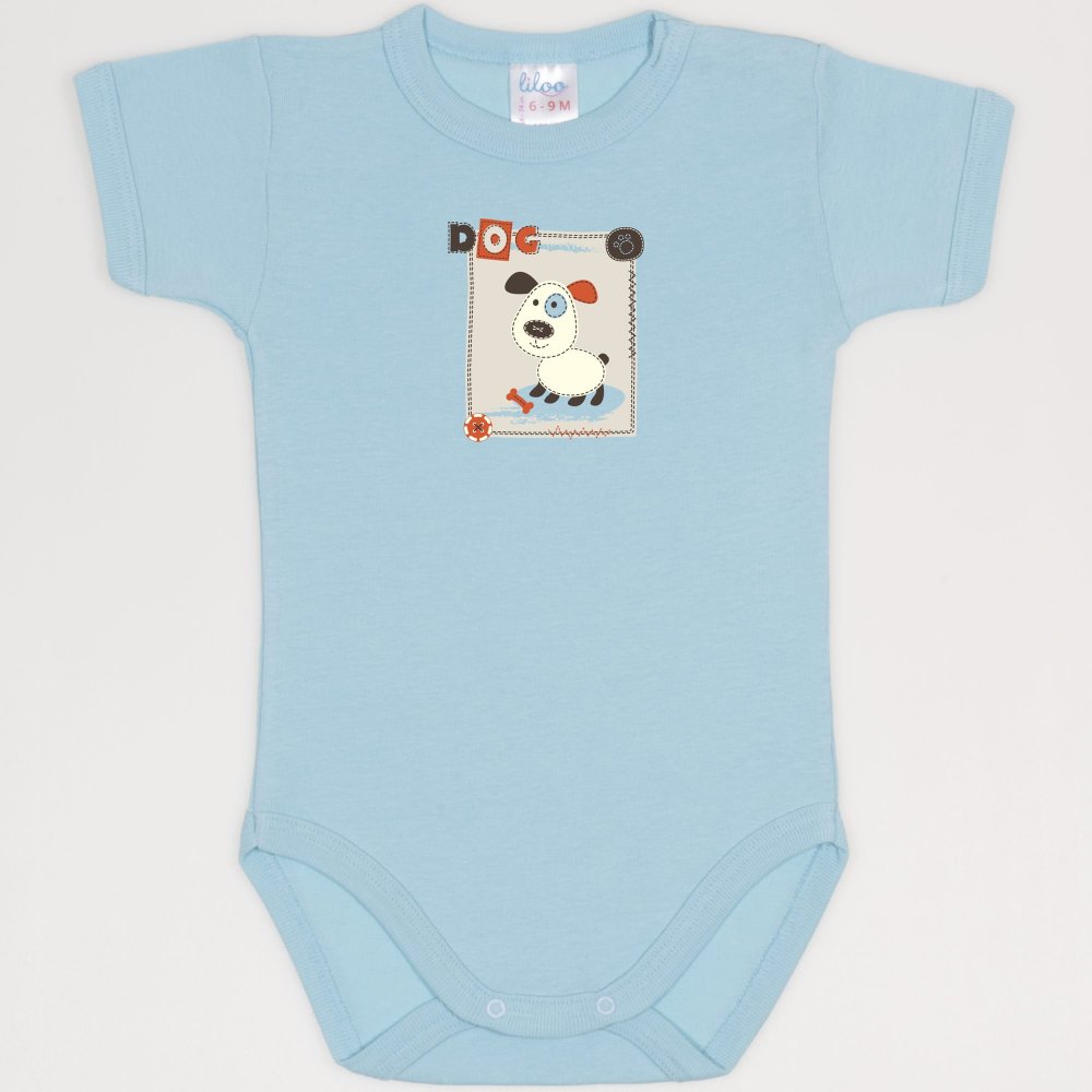 Blue petit four short-sleeve bodysuit with puppy print | liloo