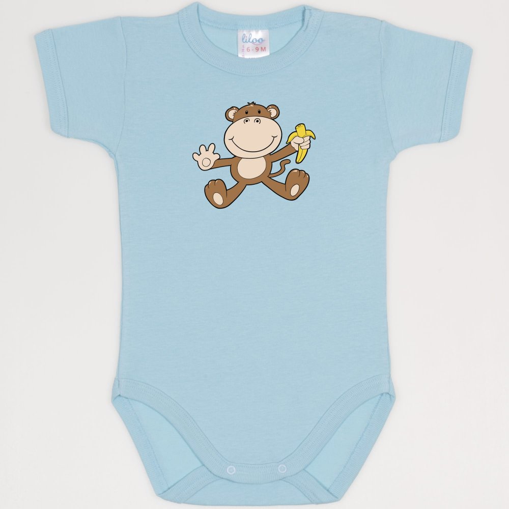 Blue petit four short-sleeve bodysuit with monkey print | liloo