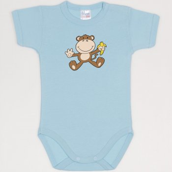 Blue petit four short-sleeve bodysuit with monkey print