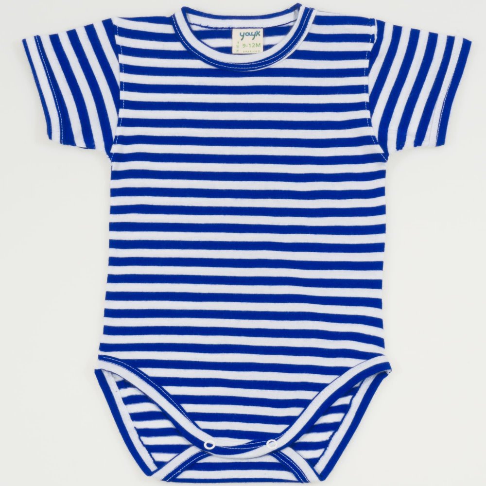 White organic cotton short-sleeve bodysuit with blue stripes print | liloo