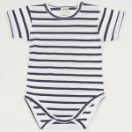 White organic cotton short-sleeve bodysuit with navy blue stripes print | liloo