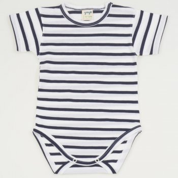 White organic cotton short-sleeve bodysuit with navy blue stripes print