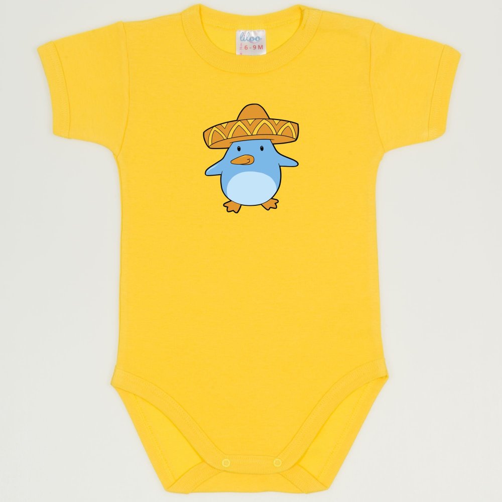 Dandelion yellow short-sleeve bodysuit with penguin chick with sombrero print | liloo