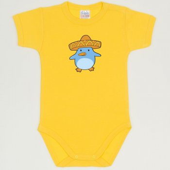 Dandelion yellow short-sleeve bodysuit with penguin chick with sombrero print | liloo