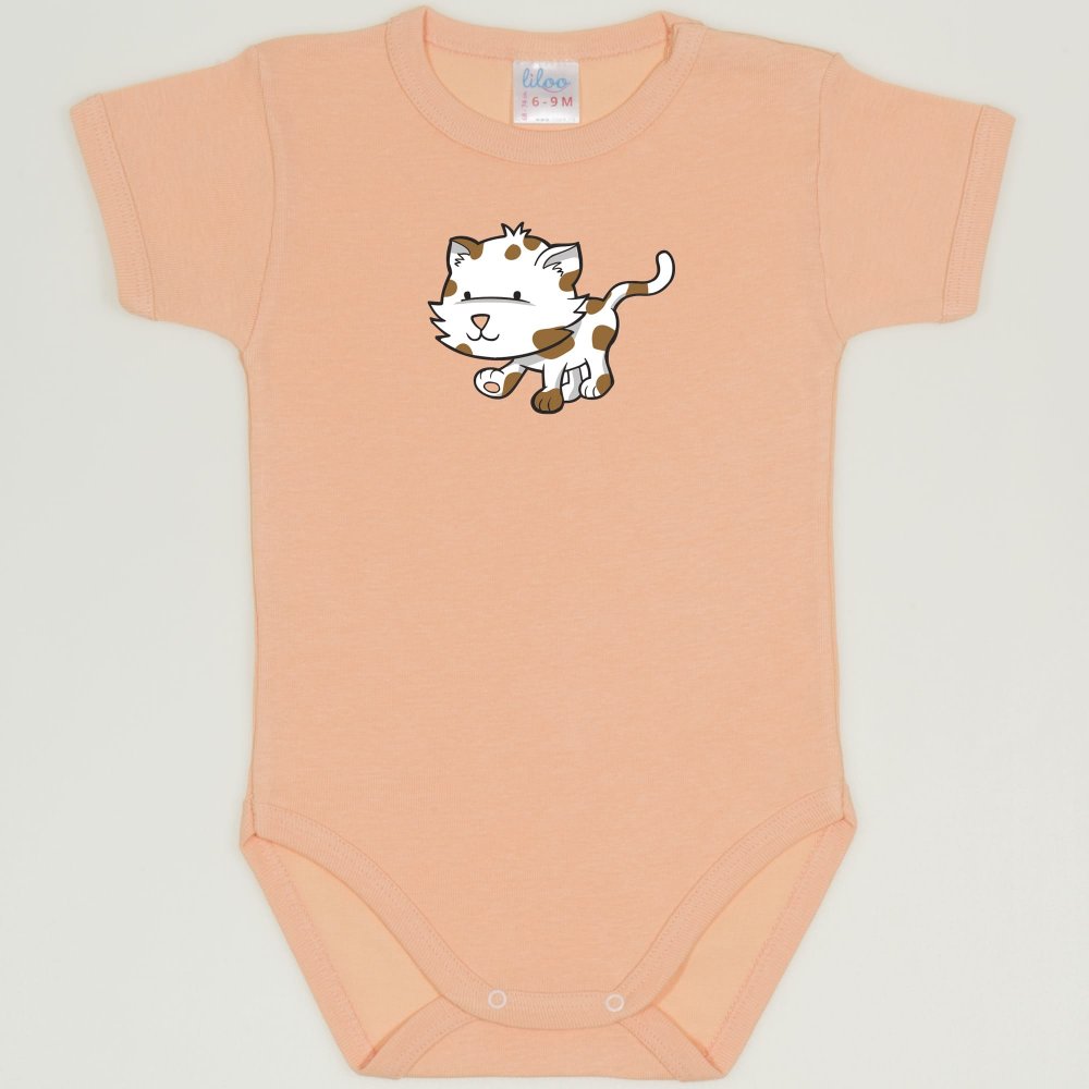 Peach fuzz short-sleeve bodysuit with kitten for a walk print | liloo