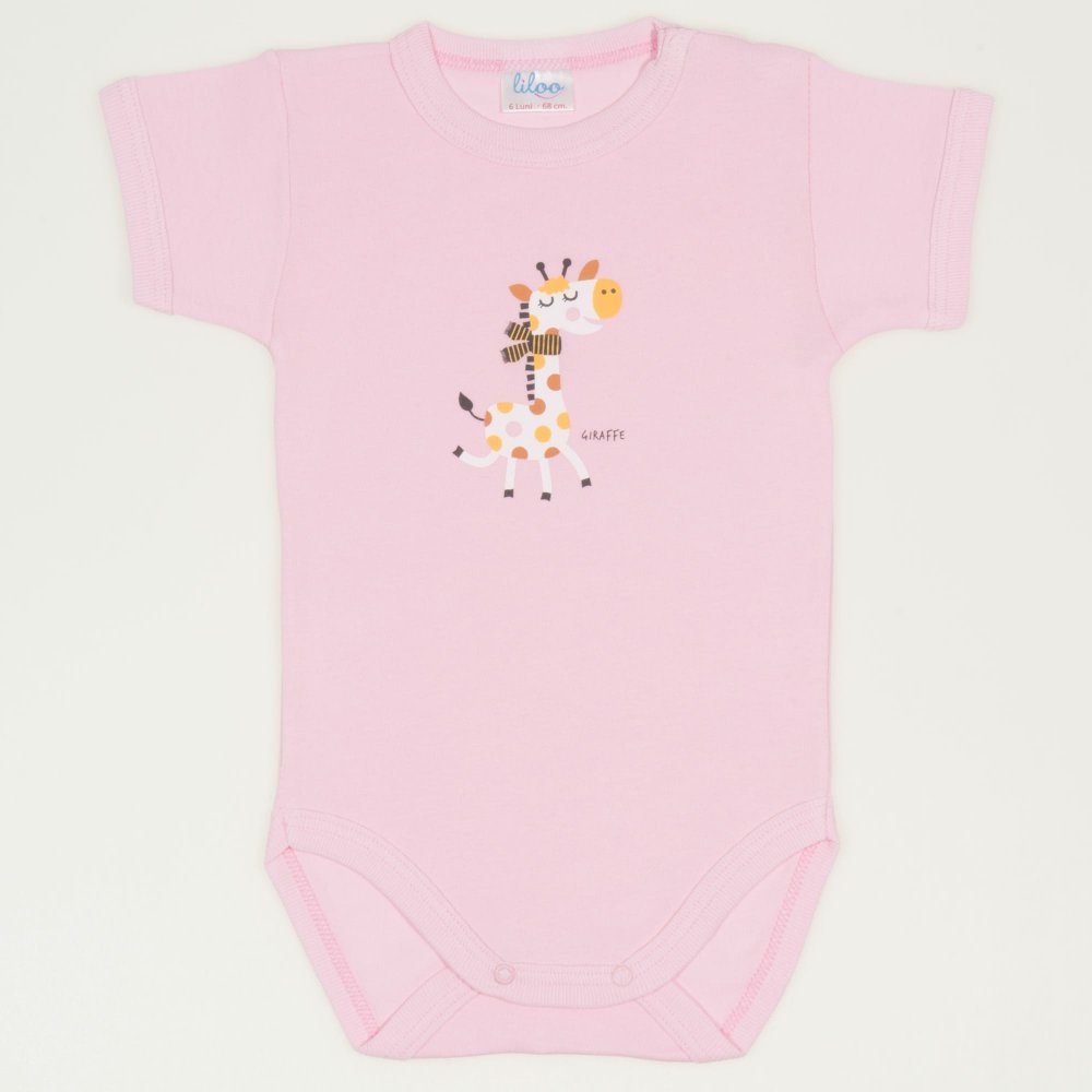 Pink short-sleeve bodysuit with giraffe print | liloo