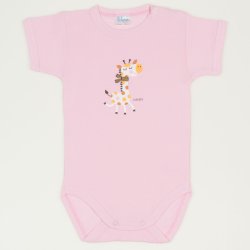 Pink short-sleeve bodysuit with giraffe print