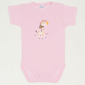 Pink short-sleeve bodysuit with giraffe print