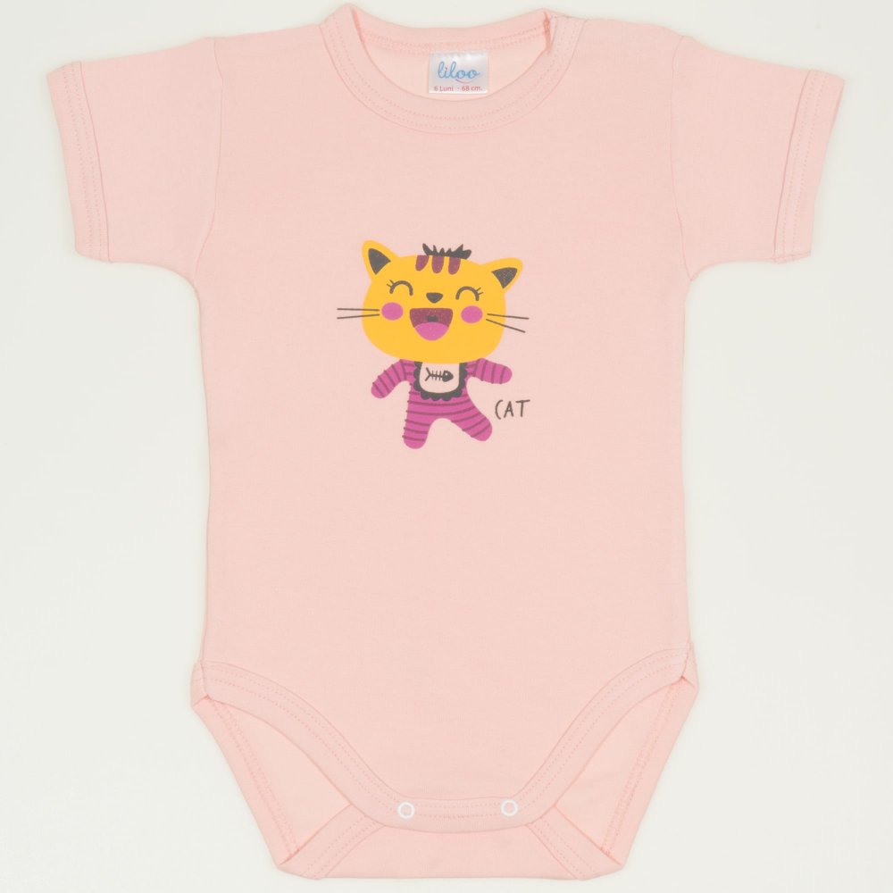 Salmon short-sleeve bodysuit with cool cat print | liloo