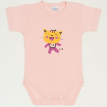 Salmon short-sleeve bodysuit with cool cat print | liloo