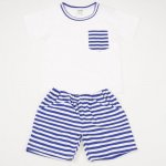 Costum de vara bumbac organic alb cu pantaloni albastri cu dungi albe| liloo