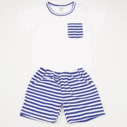 Costum de vara bumbac organic alb cu pantaloni albastri cu dungi albe