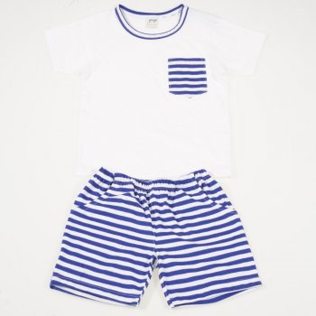 Costum de vara bumbac organic alb cu pantaloni albastri cu dungi albe