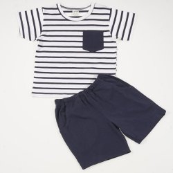 Costum de vara bumbac organic alb cu dungi bleumarin si pantaloni scurti cu buzunar