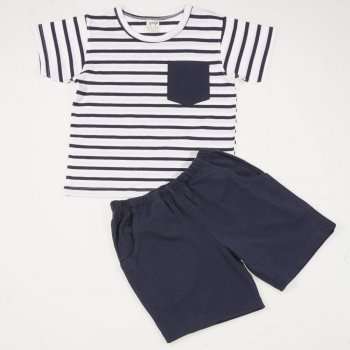 Costum de vara bumbac organic alb cu dungi bleumarin si pantaloni scurti cu buzunar