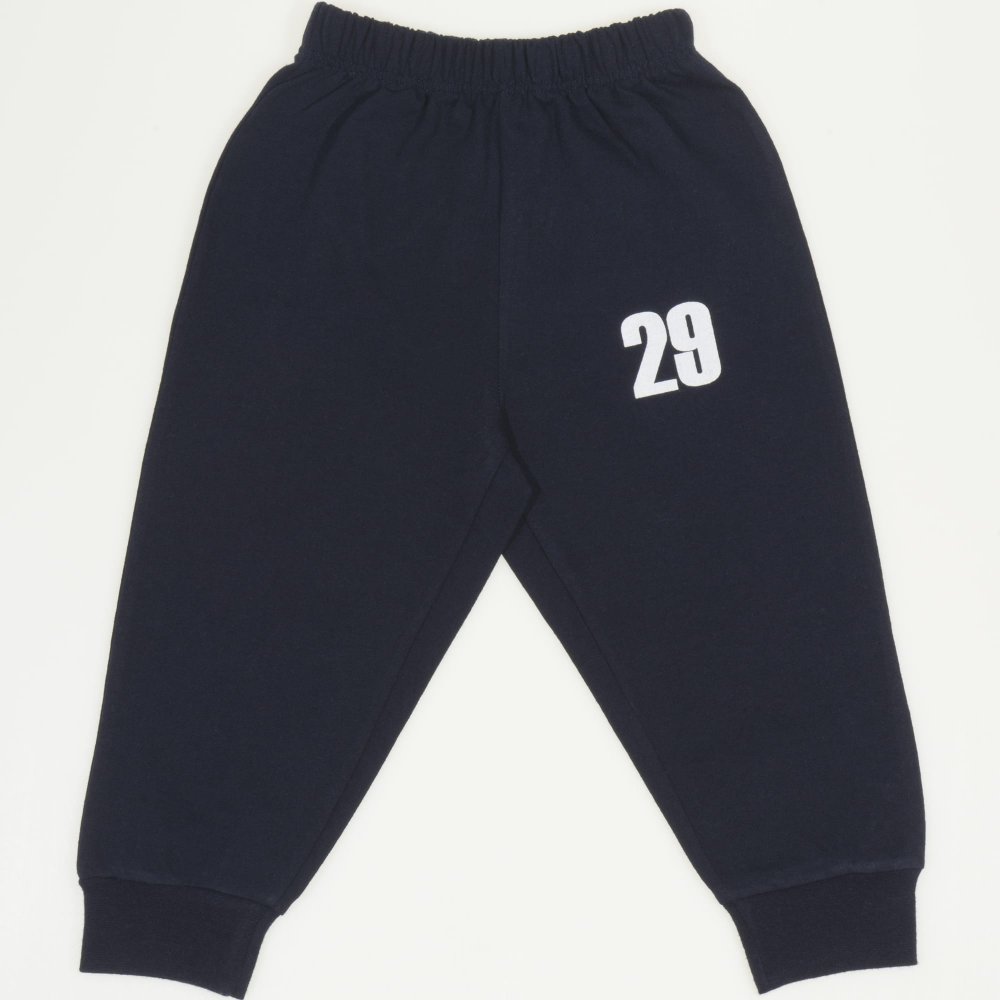 Navy blue pull-on pants with "29" print | liloo