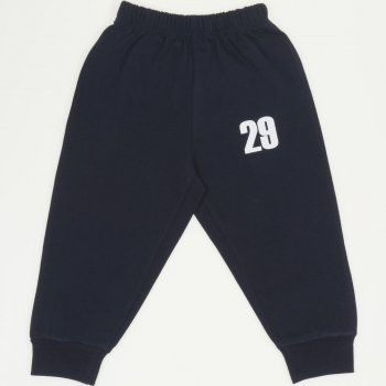 Navy blue pull-on pants with "29" print