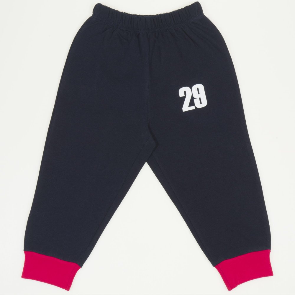 Navy blue pull-on pants with "29" print (red cuffs) | liloo