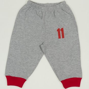 Grey pull-on pants with "11" print