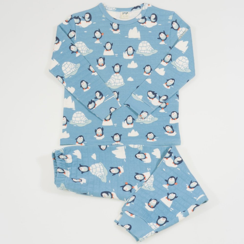 Aqua organic cotton long-sleeve thick pajamas with penguins print | liloo