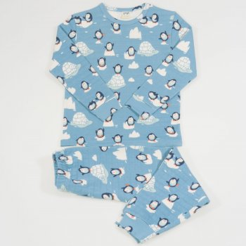 Pijamale groase bumbac organic aqua imprimeu model pinguini