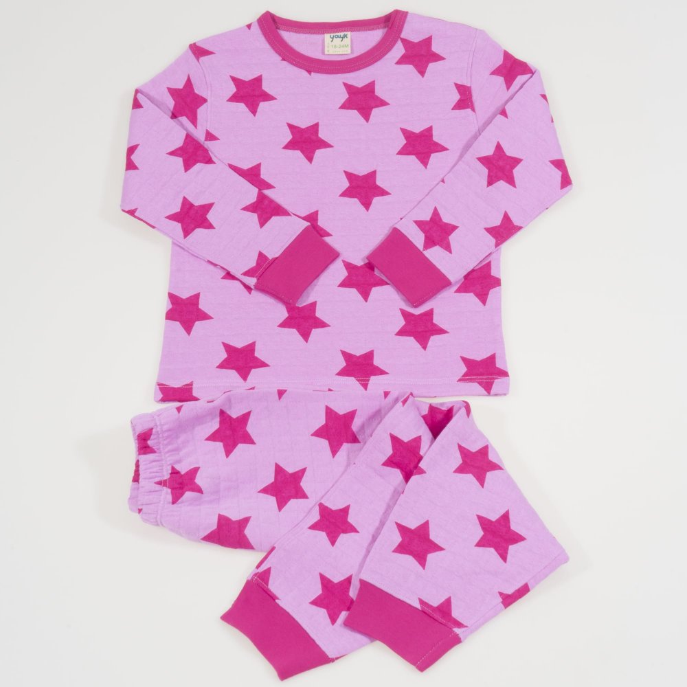 Pink organic cotton long-sleeve thick pajamas with stars print | liloo