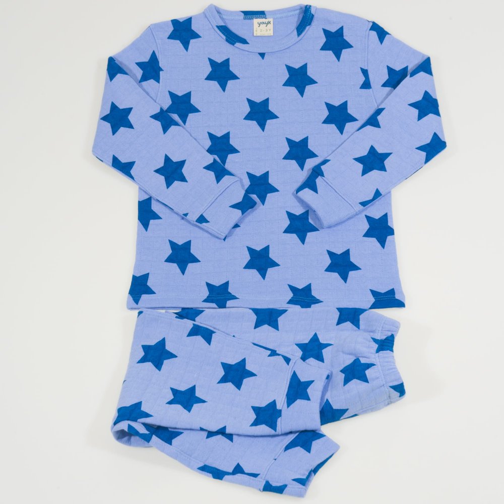 Pijamale groase bumbac organic albastra imprimeu model stelute | liloo