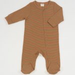 Salopeta (pijama) cu fermoar pentru bebelusi - bumbac organic maro imprimeu model dungi colorate | liloo