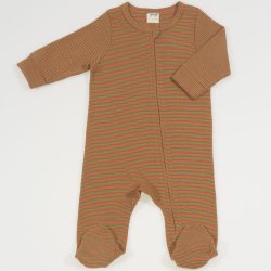 Salopeta (pijama) cu fermoar pentru bebelusi - bumbac organic maro imprimeu model dungi colorate