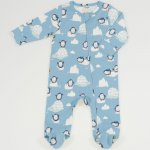 Salopeta (pijama) cu fermoar pentru bebelusi - bumbac organic aqua imprimeu model pinguini | liloo