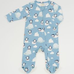 Salopeta (pijama) cu fermoar pentru bebelusi - bumbac organic aqua imprimeu model pinguini