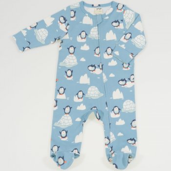 Pijama cu fermoar pentru bebelusi - bumbac organic aqua imprimeu model pinguini