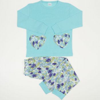 Aqua long-sleeve thin pajamas with flowered print | liloo