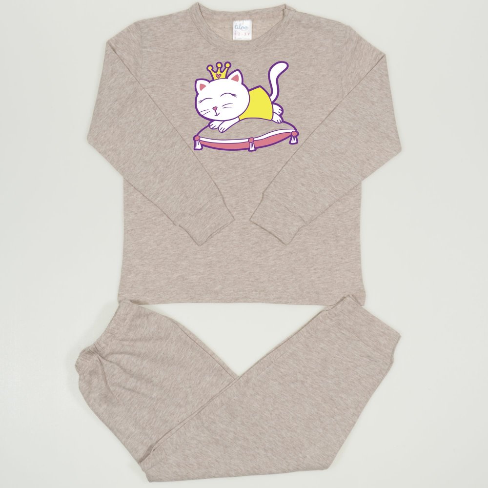 Beige melange long-sleeve thin pajamas with cat print | liloo