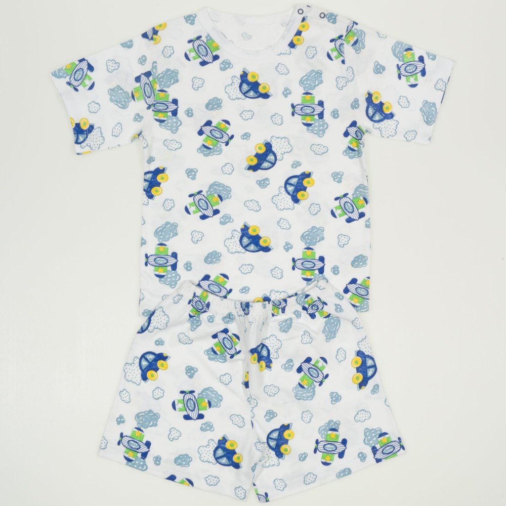 White short-sleeve thin PJs with car and plane print | liloo