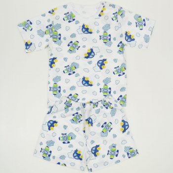 White short-sleeve thin PJs with car and plane print