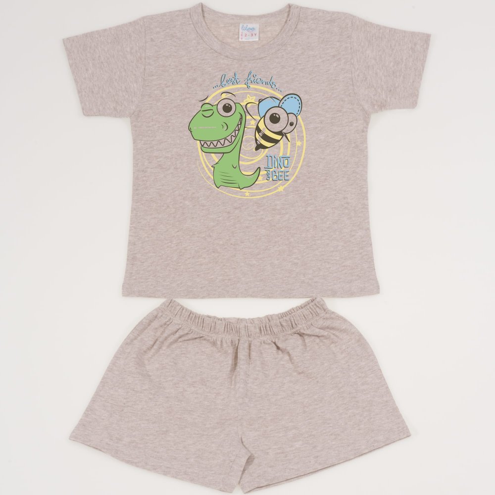 Beige melange summer pajamas with Dino and Bee print | liloo