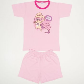 Pijamale vară cu mânecă scurtă și pantaloni scurți roz imprimeu "super bunny" | liloo