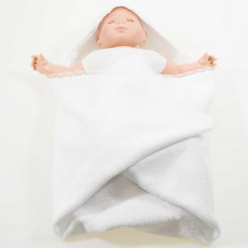 White organic cotton hooded towel with white lace