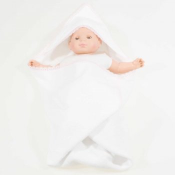 White organic cotton hooded towel with pink lace