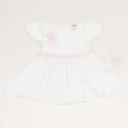 White organic cotton christening dress with pink bow and headband