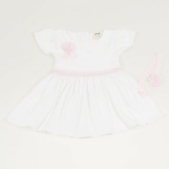 White organic cotton christening dress with pink bow and headband | liloo