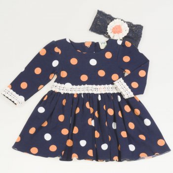 Navy blue organic cotton christening dress with dots and headband | liloo