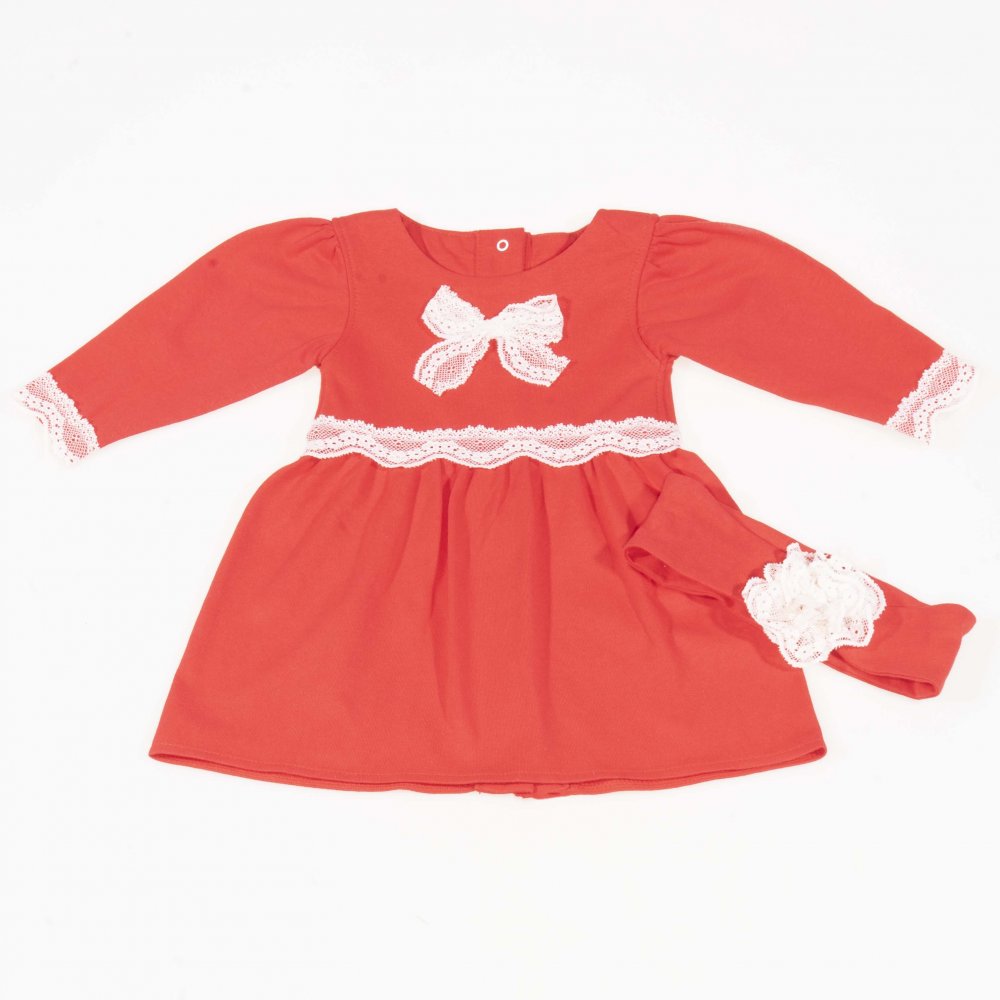Red organic cotton dress with lace and headband Red organic cotton dress with lace and headband